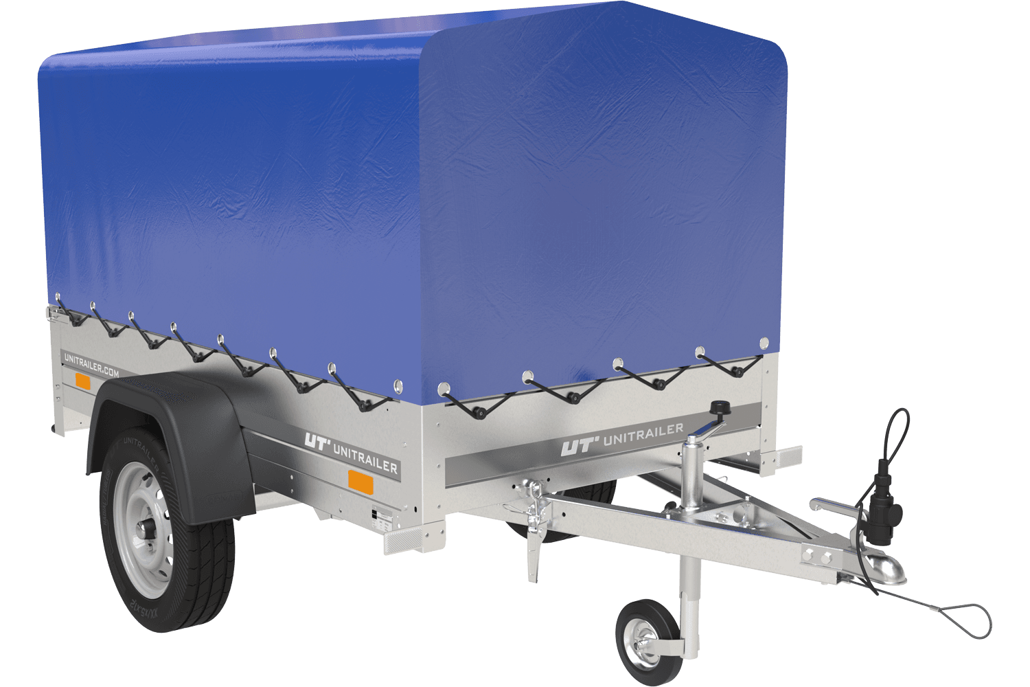 Remorque bagagère garden trailer 200 kipp 200 x 106 cm avec bâche haute bleue, arceau et roue jockey